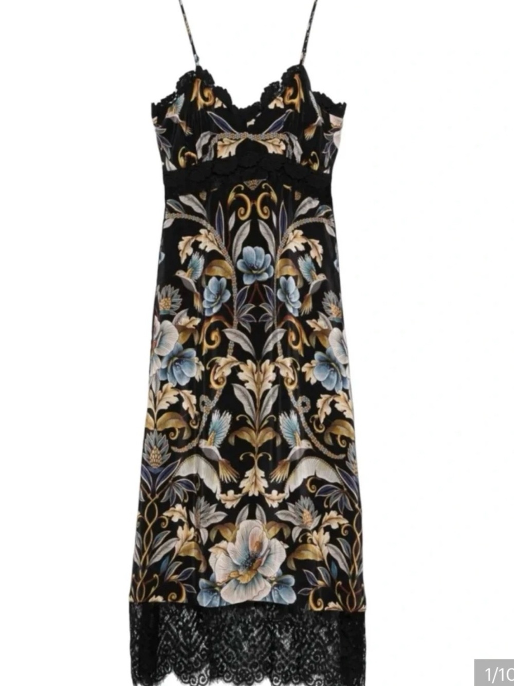 FARM RIO Black Maxi Dress with Blue and Gold Floral Scrolls - Picture 2 of 8